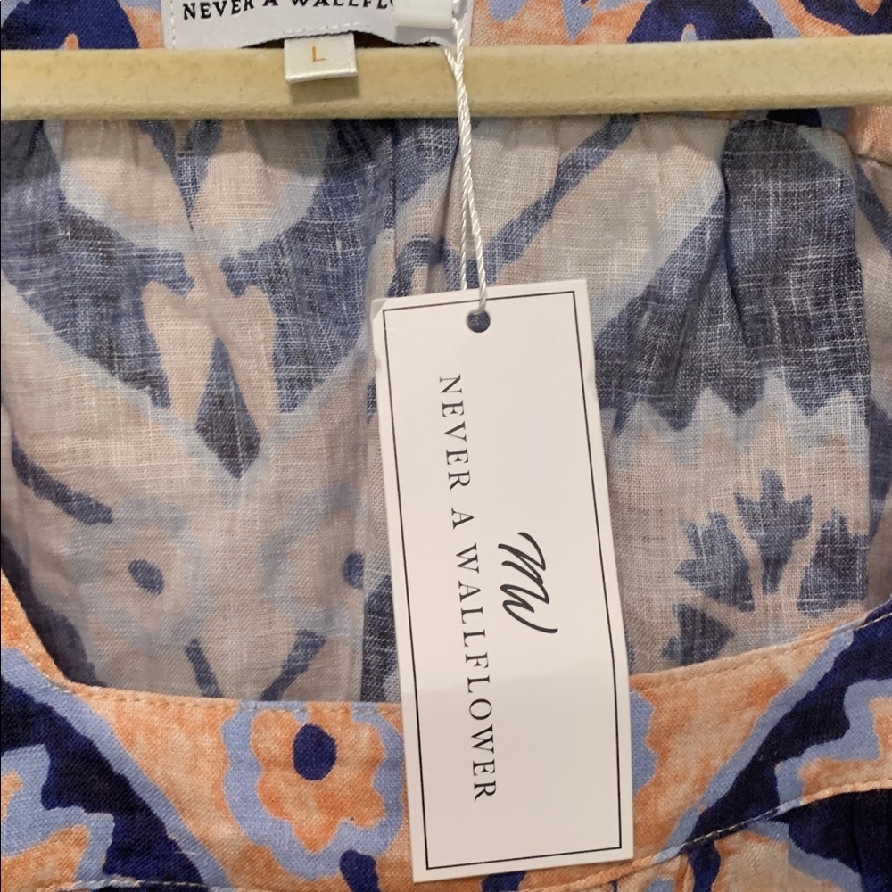 Never a Wallflower Blue Boho Print Short Sleeve Linen Blouse - Picture 5 of 9